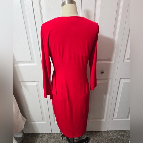 Calvin Klein Red Long Sleeved Dress, Size 8, Ruched At Waist, Faux Wrap, EUC - Picture 2 of 10